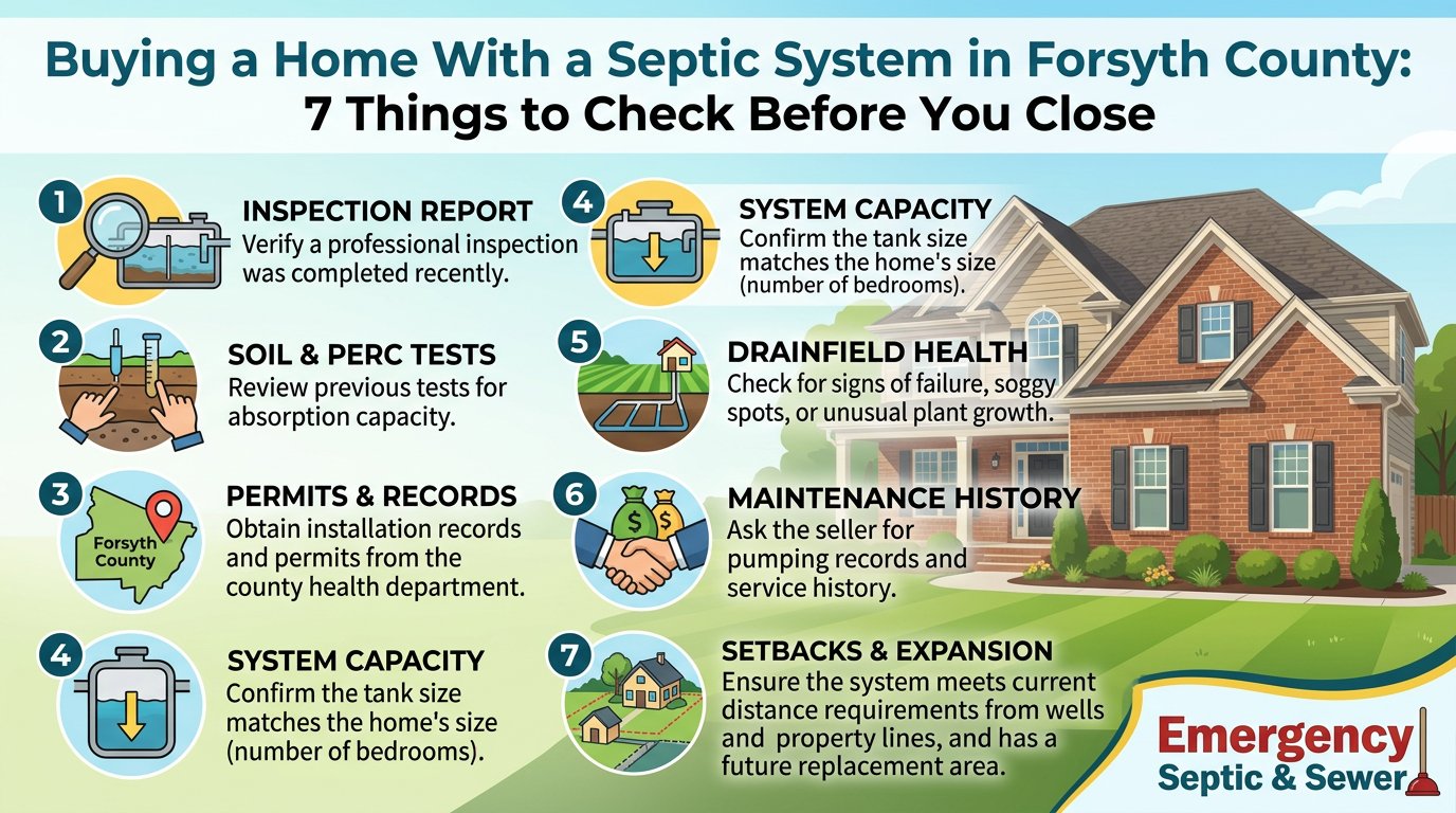 Infographic: 7 things to check before closing on a Forsyth County home with a septic system. Covers inspection report, soil and perc tests, permits and records, system capacity, drain field health, maintenance history, and setbacks and expansion.