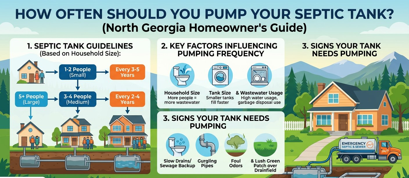 Infographic: how often should you pump your septic tank — North Georgia homeowner's guide. Shows pumping intervals by household size, key factors affecting frequency, and warning signs your tank needs pumping.