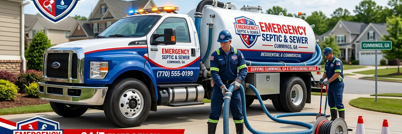 Emergency Septic & Sewer inspection truck and technicians on-site in Cumming, GA